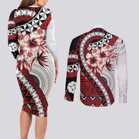 Bula Fiji Couples Matching Long Sleeve Bodycon Dress and Long Sleeve Button Shirt White Kaivity Masi Tapa LT7 - Polynesian Pride