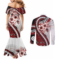 Bula Fiji Couples Matching Mermaid Dress and Long Sleeve Button Shirt White Kaivity Masi Tapa LT7 - Polynesian Pride
