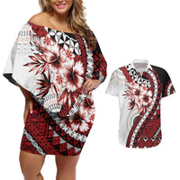 Bula Fiji Couples Matching Off Shoulder Short Dress and Hawaiian Shirt White Kaivity Masi Tapa LT7 White - Polynesian Pride