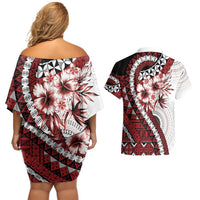 Bula Fiji Couples Matching Off Shoulder Short Dress and Hawaiian Shirt White Kaivity Masi Tapa LT7 - Polynesian Pride