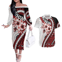 Bula Fiji Couples Matching Off The Shoulder Long Sleeve Dress and Hawaiian Shirt White Kaivity Masi Tapa LT7 White - Polynesian Pride