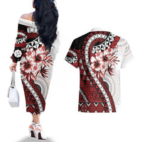 Bula Fiji Couples Matching Off The Shoulder Long Sleeve Dress and Hawaiian Shirt White Kaivity Masi Tapa LT7 - Polynesian Pride