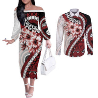 Bula Fiji Couples Matching Off The Shoulder Long Sleeve Dress and Long Sleeve Button Shirt White Kaivity Masi Tapa LT7 White - Polynesian Pride