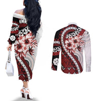 Bula Fiji Couples Matching Off The Shoulder Long Sleeve Dress and Long Sleeve Button Shirt White Kaivity Masi Tapa LT7 - Polynesian Pride