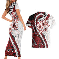 Bula Fiji Couples Matching Short Sleeve Bodycon Dress and Hawaiian Shirt White Kaivity Masi Tapa LT7 - Polynesian Pride