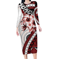 Bula Fiji Family Matching Long Sleeve Bodycon Dress and Hawaiian Shirt White Kaivity Masi Tapa LT7 Mom's Dress White - Polynesian Pride