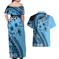 Bula Fiji Couples Matching Off Shoulder Maxi Dress and Hawaiian Shirt Turquoise Kaivity Masi Tapa LT7 - Polynesian Pride