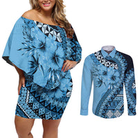 Bula Fiji Couples Matching Off Shoulder Short Dress and Long Sleeve Button Shirt Turquoise Kaivity Masi Tapa LT7 Turquoise - Polynesian Pride