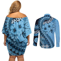 Bula Fiji Couples Matching Off Shoulder Short Dress and Long Sleeve Button Shirt Turquoise Kaivity Masi Tapa LT7 - Polynesian Pride