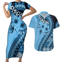 Bula Fiji Couples Matching Short Sleeve Bodycon Dress and Hawaiian Shirt Turquoise Kaivity Masi Tapa LT7 Turquoise - Polynesian Pride