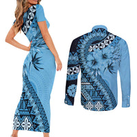 Bula Fiji Couples Matching Short Sleeve Bodycon Dress and Long Sleeve Button Shirt Turquoise Kaivity Masi Tapa LT7 - Polynesian Pride