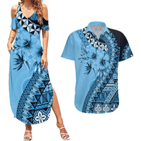 Bula Fiji Couples Matching Summer Maxi Dress and Hawaiian Shirt Turquoise Kaivity Masi Tapa LT7 Turquoise - Polynesian Pride