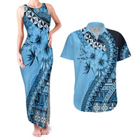 Bula Fiji Couples Matching Tank Maxi Dress and Hawaiian Shirt Turquoise Kaivity Masi Tapa LT7 Turquoise - Polynesian Pride