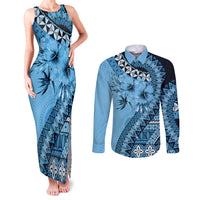 Bula Fiji Couples Matching Tank Maxi Dress and Long Sleeve Button Shirt Turquoise Kaivity Masi Tapa LT7 Turquoise - Polynesian Pride