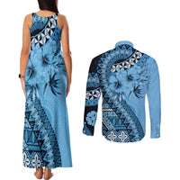 Bula Fiji Couples Matching Tank Maxi Dress and Long Sleeve Button Shirt Turquoise Kaivity Masi Tapa LT7 - Polynesian Pride