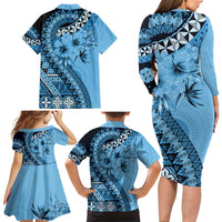 Bula Fiji Family Matching Long Sleeve Bodycon Dress and Hawaiian Shirt Turquoise Kaivity Masi Tapa LT7 - Polynesian Pride
