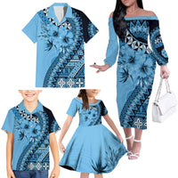 Bula Fiji Family Matching Off The Shoulder Long Sleeve Dress and Hawaiian Shirt Turquoise Kaivity Masi Tapa LT7 - Polynesian Pride