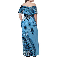 Bula Fiji Family Matching Off Shoulder Maxi Dress and Hawaiian Shirt Turquoise Kaivity Masi Tapa LT7 - Polynesian Pride