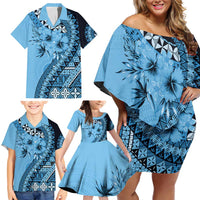 Bula Fiji Family Matching Off Shoulder Short Dress and Hawaiian Shirt Turquoise Kaivity Masi Tapa LT7 - Polynesian Pride