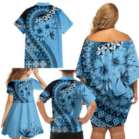 Bula Fiji Family Matching Off Shoulder Short Dress and Hawaiian Shirt Turquoise Kaivity Masi Tapa LT7 - Polynesian Pride