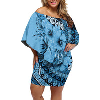 Bula Fiji Family Matching Off Shoulder Short Dress and Hawaiian Shirt Turquoise Kaivity Masi Tapa LT7 Mom's Dress Turquoise - Polynesian Pride