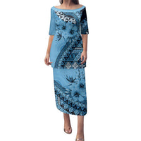 Bula Fiji Family Matching Puletasi and Hawaiian Shirt Turquoise Kaivity Masi Tapa LT7 Mom's Dress Turquoise - Polynesian Pride