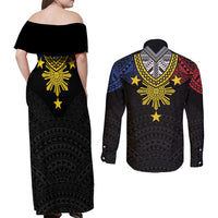 Philippines Heritage Baybayin Mix Polynesian Couples Matching Off Shoulder Maxi Dress and Long Sleeve Button Shirt