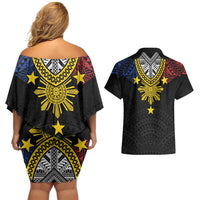 Philippines Heritage Baybayin Mix Polynesian Couples Matching Off Shoulder Short Dress and Hawaiian Shirt