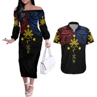 Philippines Heritage Personalized Couples Matching Off The Shoulder Long Sleeve Dress and Hawaiian Shirt Baybayin Philipinas Sun LT7 Black - Polynesian Pride