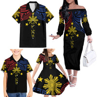 Philippines Heritage Personalized Family Matching Off The Shoulder Long Sleeve Dress and Hawaiian Shirt Baybayin Philipinas Sun LT7 - Polynesian Pride