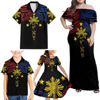 Philippines Heritage Personalized Family Matching Off Shoulder Maxi Dress and Hawaiian Shirt Baybayin Philipinas Sun LT7 - Polynesian Pride