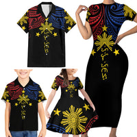 Philippines Heritage Personalized Family Matching Short Sleeve Bodycon Dress and Hawaiian Shirt Baybayin Philipinas Sun LT7 - Polynesian Pride