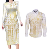Samoa Lotu Tamaiti Mamanu Siapo Couples Matching Long Sleeve Bodycon Dress and Long Sleeve Button Shirt Golden Plumeria LT7 Gold - Polynesian Pride