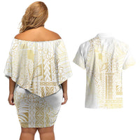 Samoa Lotu Tamaiti Mamanu Siapo Couples Matching Off Shoulder Short Dress and Hawaiian Shirt Golden Plumeria LT7 - Polynesian Pride