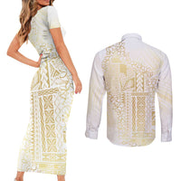 Samoa Lotu Tamaiti Mamanu Siapo Couples Matching Short Sleeve Bodycon Dress and Long Sleeve Button Shirt Golden Plumeria LT7 - Polynesian Pride