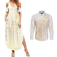 Samoa Lotu Tamaiti Mamanu Siapo Couples Matching Summer Maxi Dress and Long Sleeve Button Shirt Golden Plumeria LT7 Gold - Polynesian Pride