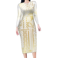 Samoa Lotu Tamaiti Mamanu Siapo Family Matching Long Sleeve Bodycon Dress and Hawaiian Shirt Golden Plumeria LT7 Mom's Dress Gold - Polynesian Pride
