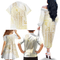 Samoa Lotu Tamaiti Mamanu Siapo Family Matching Off The Shoulder Long Sleeve Dress and Hawaiian Shirt Golden Plumeria LT7 - Polynesian Pride
