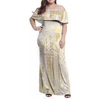 Samoa Lotu Tamaiti Mamanu Siapo Family Matching Off Shoulder Maxi Dress and Hawaiian Shirt Golden Plumeria LT7 Mom's Dress Gold - Polynesian Pride