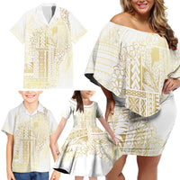 Samoa Lotu Tamaiti Mamanu Siapo Family Matching Off Shoulder Short Dress and Hawaiian Shirt Golden Plumeria LT7 - Polynesian Pride