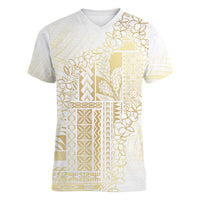 Samoa Lotu Tamaiti Mamanu Siapo Women V-Neck T-Shirt Golden Plumeria LT7 Female Gold - Polynesian Pride