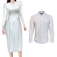 Samoa Lotu Tamaiti Mamanu Siapo Couples Matching Long Sleeve Bodycon Dress and Long Sleeve Button Shirt Off White Plumeria LT7 Baby Blue - Polynesian Pride
