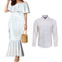 Samoa Lotu Tamaiti Mamanu Siapo Couples Matching Mermaid Dress and Long Sleeve Button Shirt Off White Plumeria LT7 Baby Blue - Polynesian Pride