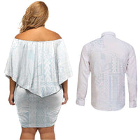 Samoa Lotu Tamaiti Mamanu Siapo Couples Matching Off Shoulder Short Dress and Long Sleeve Button Shirt Off White Plumeria LT7 - Polynesian Pride