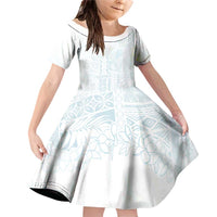Samoa Lotu Tamaiti Mamanu Siapo Family Matching Off Shoulder Short Dress and Hawaiian Shirt Off White Plumeria LT7 Daughter's Dress Baby Blue - Polynesian Pride