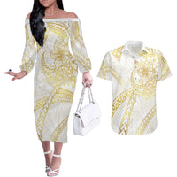 Samoa Lotu Tamaiti Gold Couples Matching Off The Shoulder Long Sleeve Dress and Hawaiian Shirt Teuila Tatau LT7 Gold - Polynesian Pride