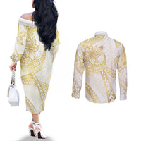 Samoa Lotu Tamaiti Gold Couples Matching Off The Shoulder Long Sleeve Dress and Long Sleeve Button Shirt Teuila Tatau LT7 - Polynesian Pride