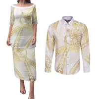 Samoa Lotu Tamaiti Gold Couples Matching Puletasi and Long Sleeve Button Shirt Teuila Tatau LT7 Gold - Polynesian Pride