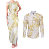 Samoa Lotu Tamaiti Gold Couples Matching Tank Maxi Dress and Long Sleeve Button Shirt Teuila Tatau LT7 Gold - Polynesian Pride