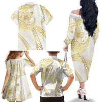Samoa Lotu Tamaiti Gold Family Matching Off The Shoulder Long Sleeve Dress and Hawaiian Shirt Teuila Tatau LT7 - Polynesian Pride